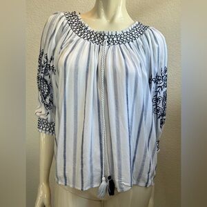 Women's Blue and White Embroidered Top